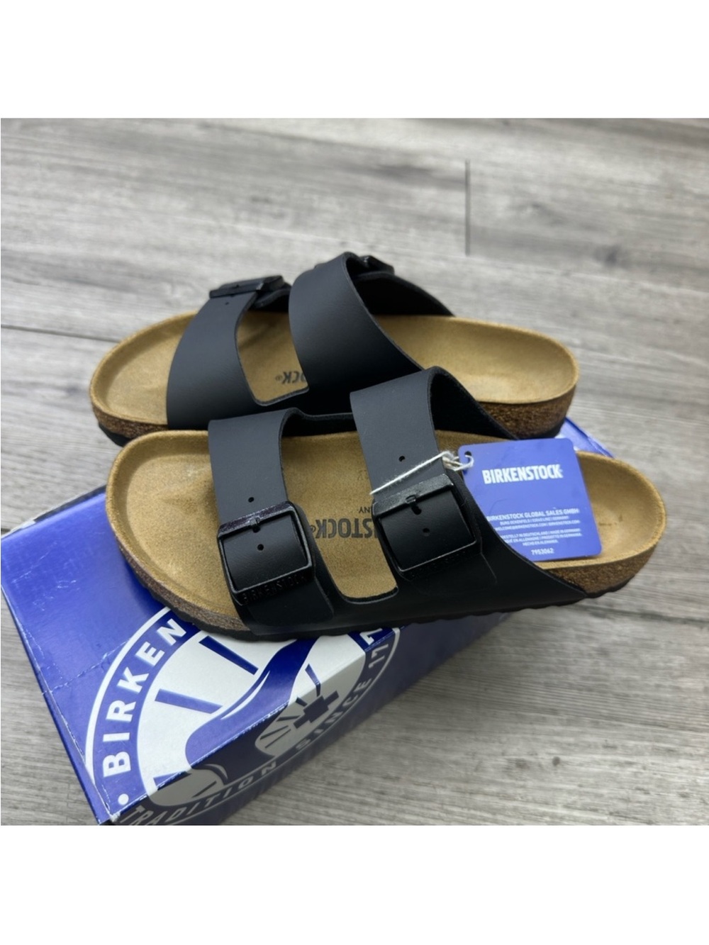 Birkenstock Black Arizona Leather Two-Strap Sandals NIB